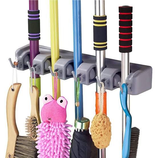 Mop Holder and Broom Holder, 4 Slot Position with 5 Hooks